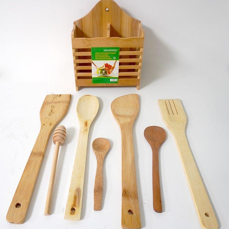 Sustainable 7-Piece Bamboo Wooden Cutlery Set - Organic Kitchen Utensils