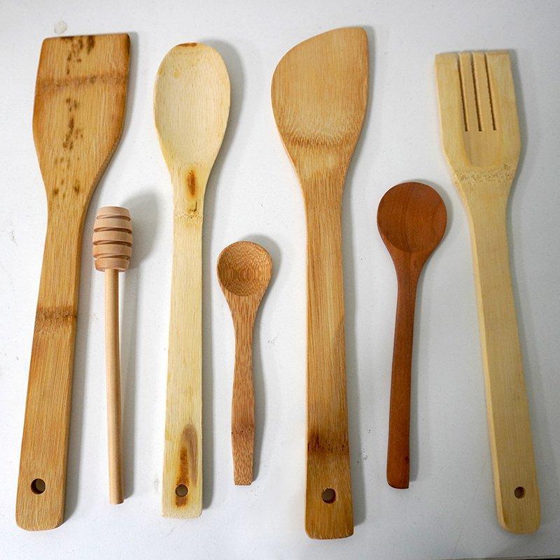 Sustainable 7-Piece Bamboo Wooden Cutlery Set - Organic Kitchen Utensils