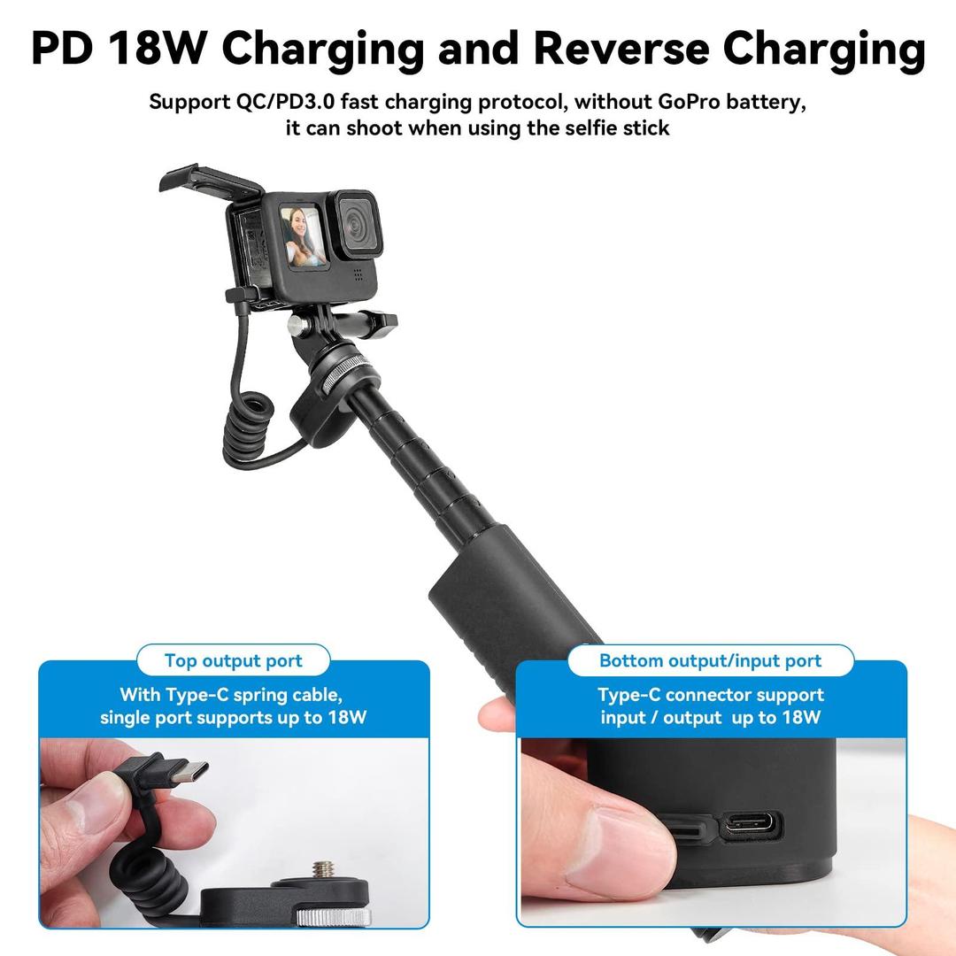 TELESIN 10000mAh Selfie Stick with USB-C Charging for Action Cameras