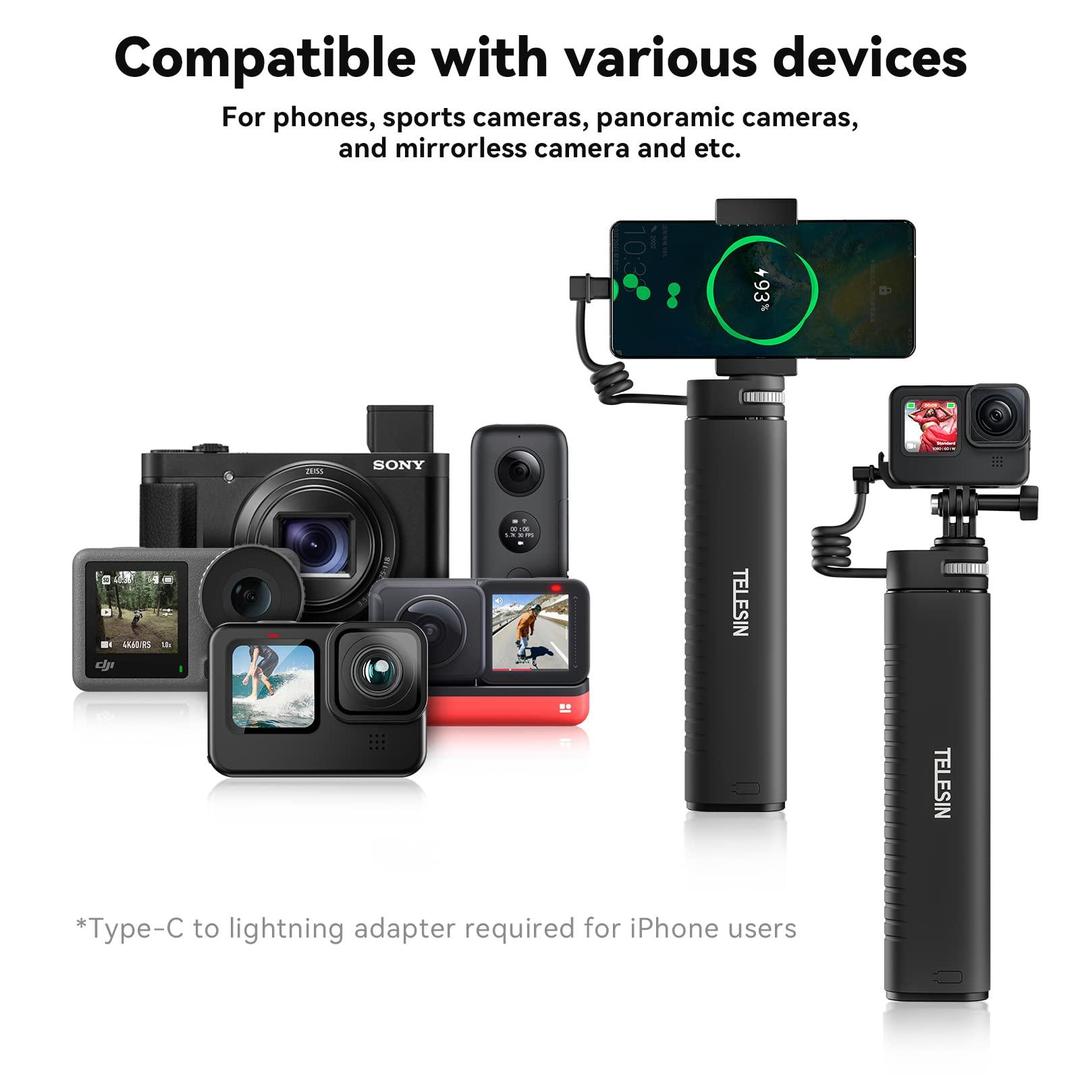 TELESIN 10000mAh Selfie Stick with USB-C Charging for Action Cameras