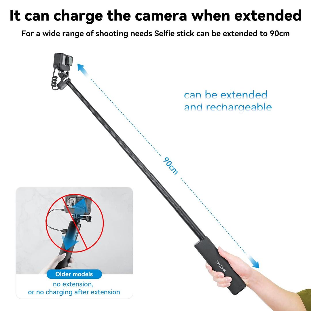 TELESIN 10000mAh Selfie Stick with USB-C Charging for Action Cameras