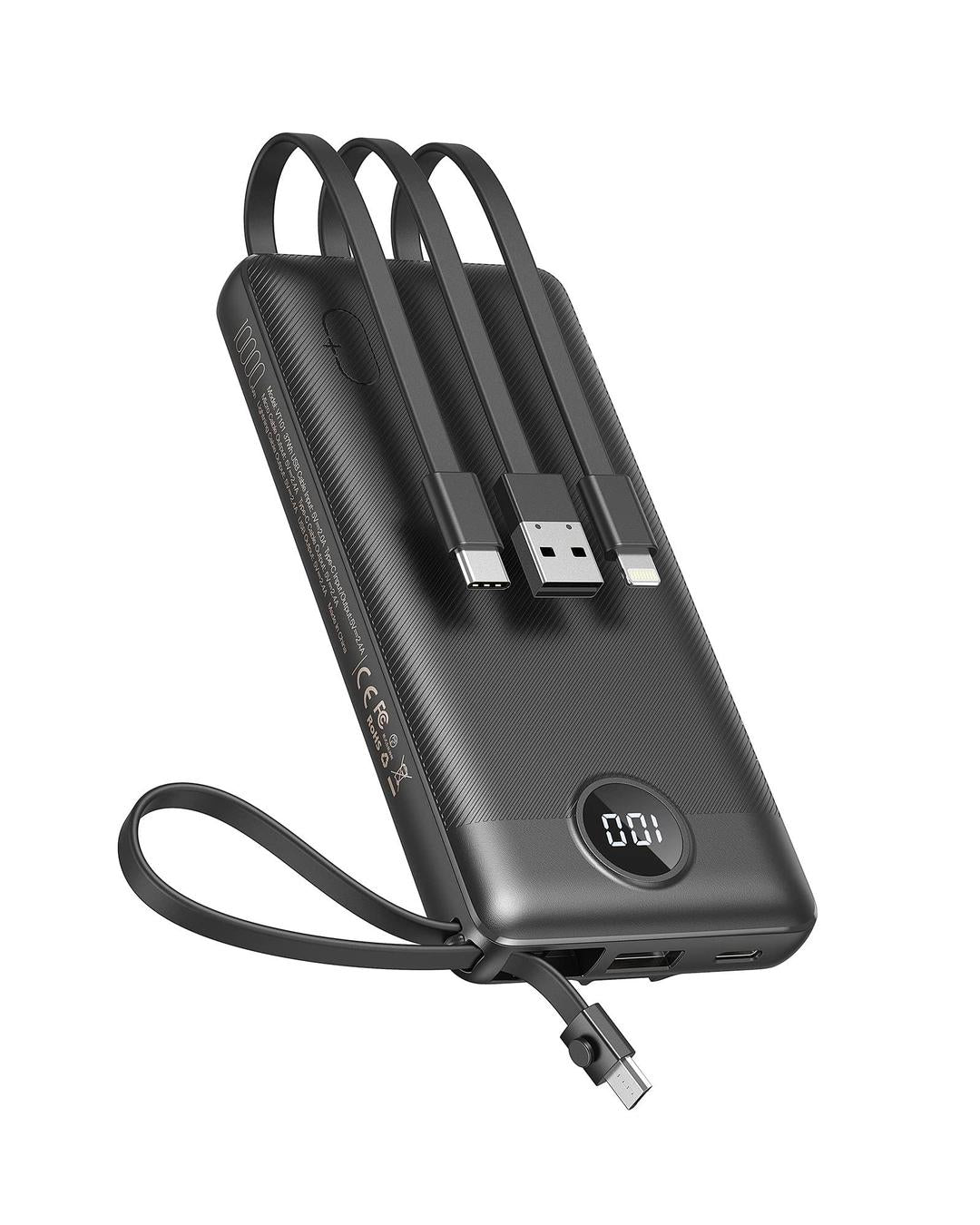 Fast Charging Power Bank with Built-In USB-C and Lightning Cables