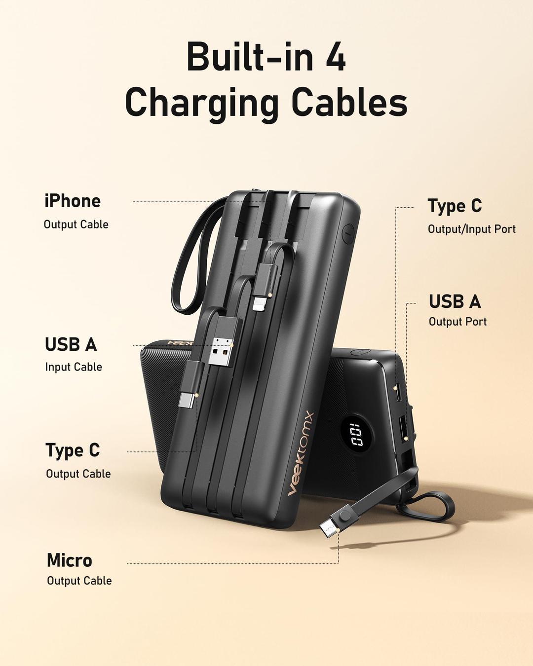 Fast Charging Power Bank with Built-In USB-C and Lightning Cables