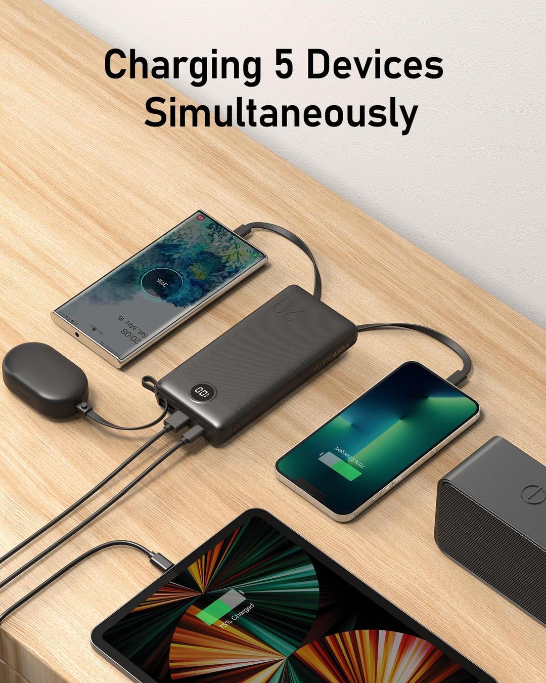 Fast Charging Power Bank with Built-In USB-C and Lightning Cables