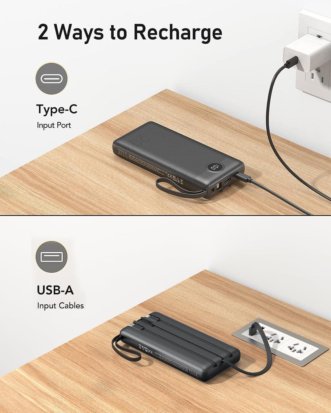 Fast Charging Power Bank with Built-In USB-C and Lightning Cables